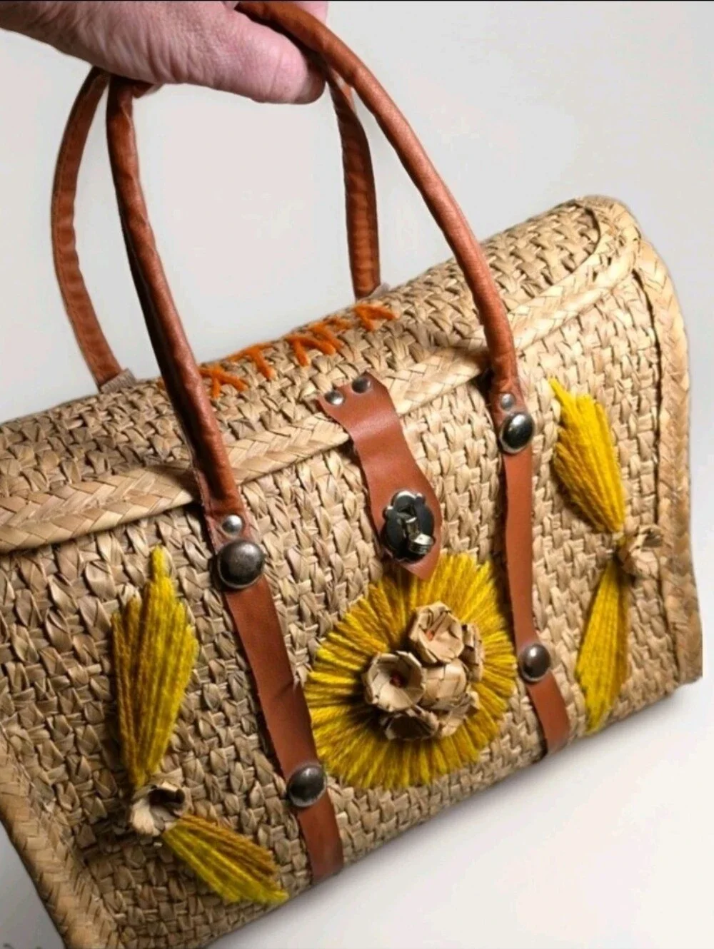Woven Straw Tote Bag with Yellow Embroidery